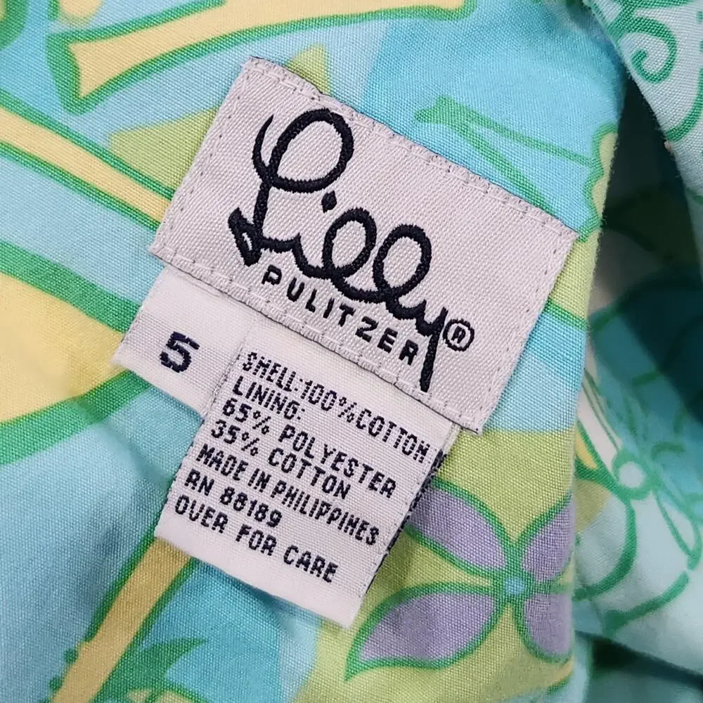 VTG Lilly Pulitzer Skirt Girls 5 Reversible Floral Tropical Wrap Green Blue Aqua